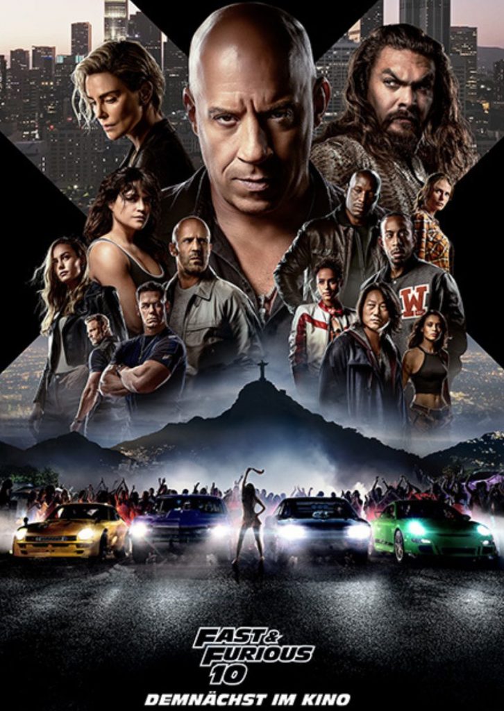 Kino-Plakat von Fast & Furious 10. Mit Vin Diesel, Charlize Theron und Jason Momoa.